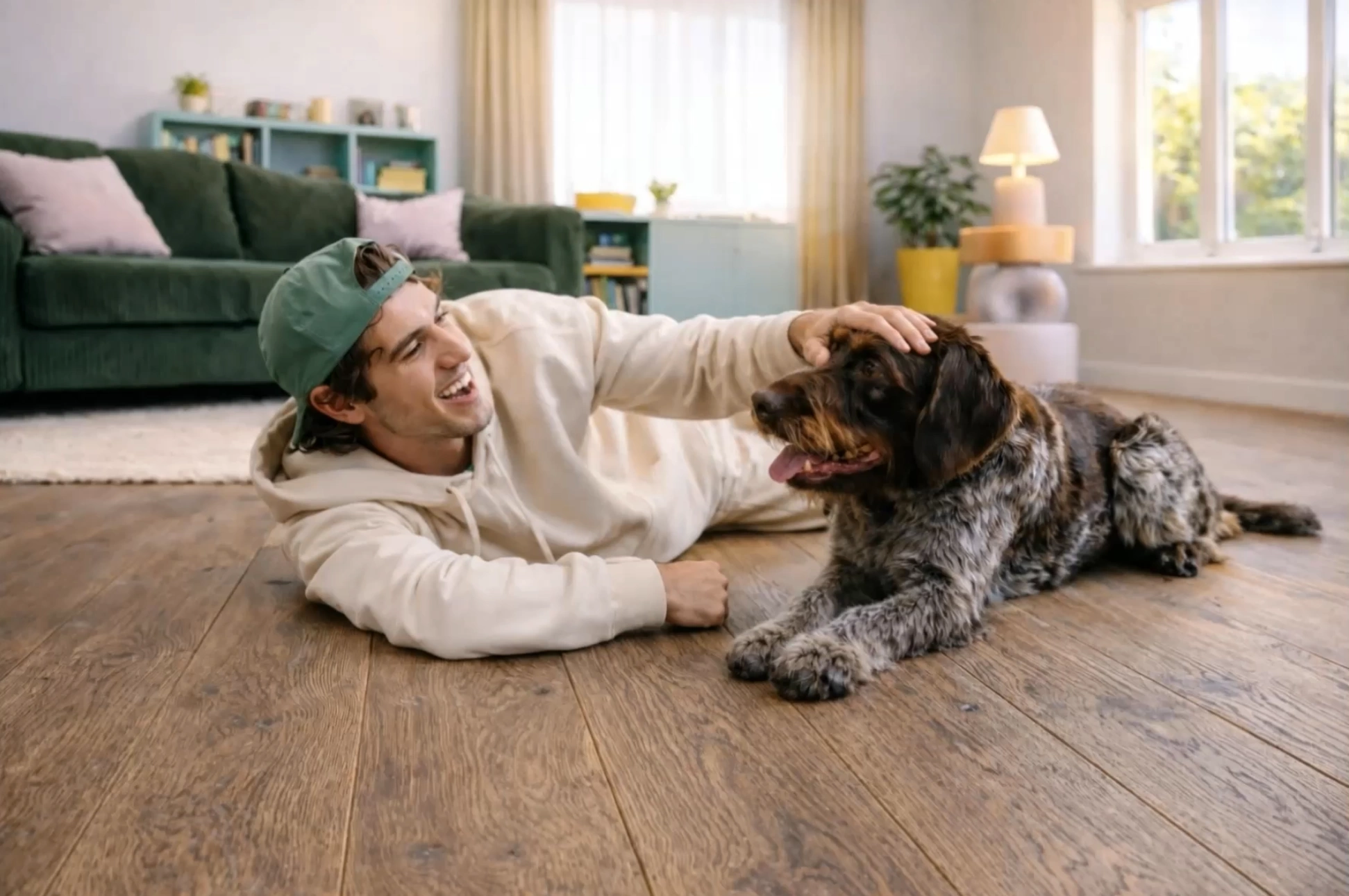 A man petting a dog while laying on a floor laid out with 40KN522 kiwi now floor panels