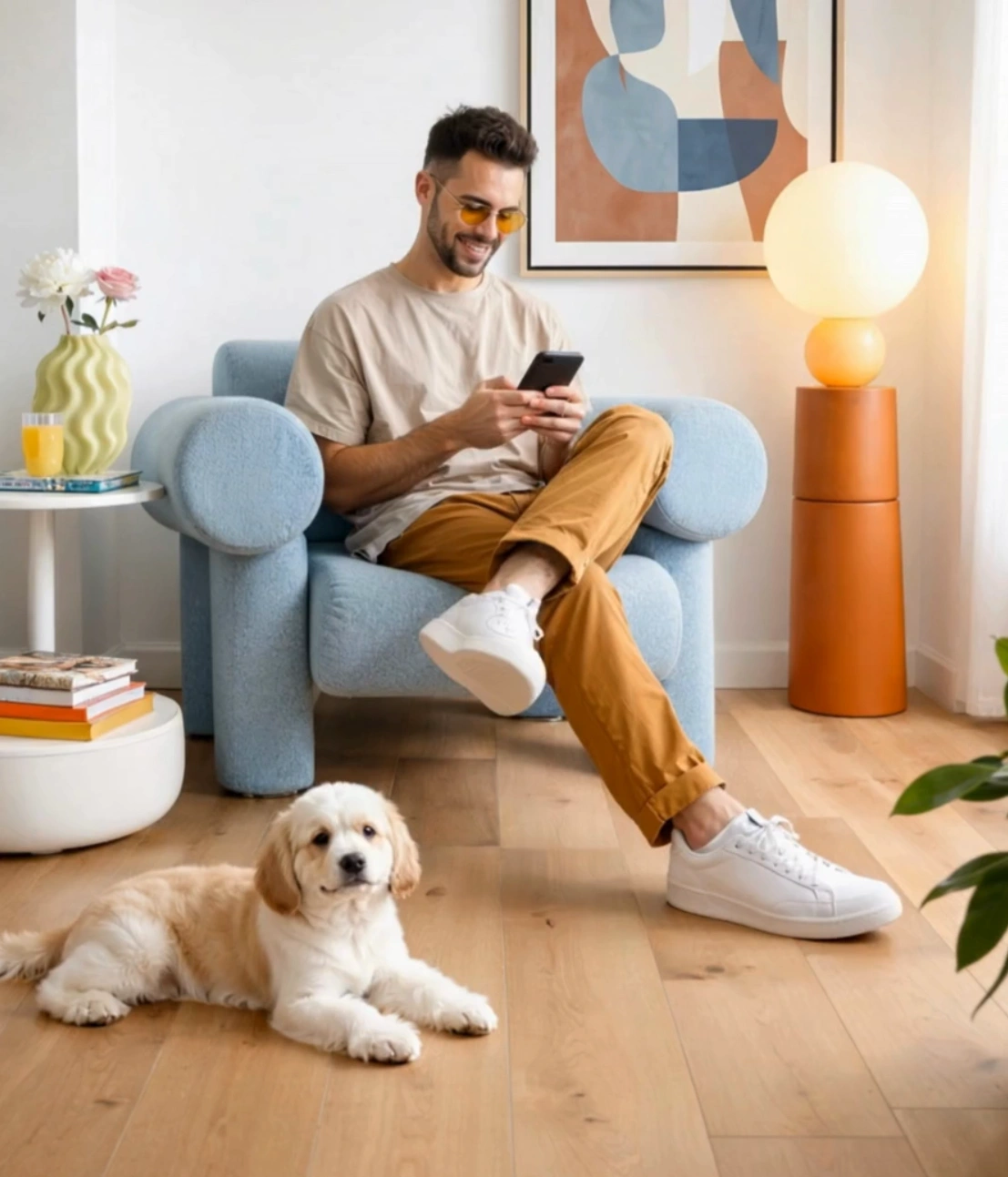 A man looking at a phone sitting with his dog in a room laid out with kiwi now floor panels