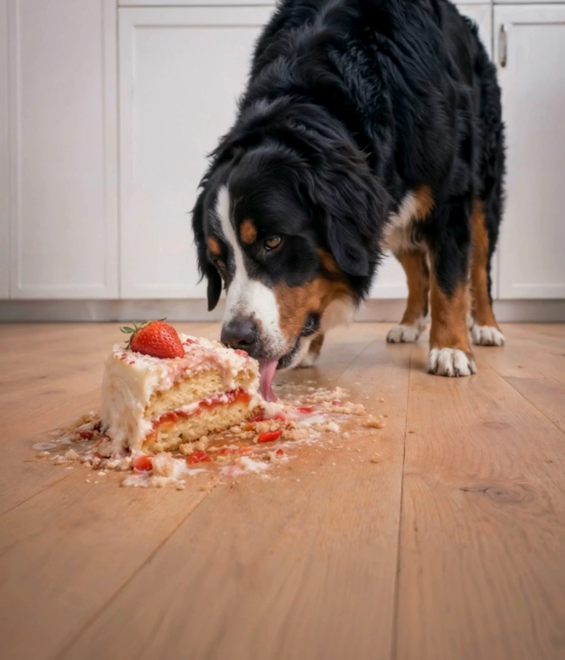A dog eating a strawberry cake off of a floor laid out with 30KN04 model kiwi now floor panels