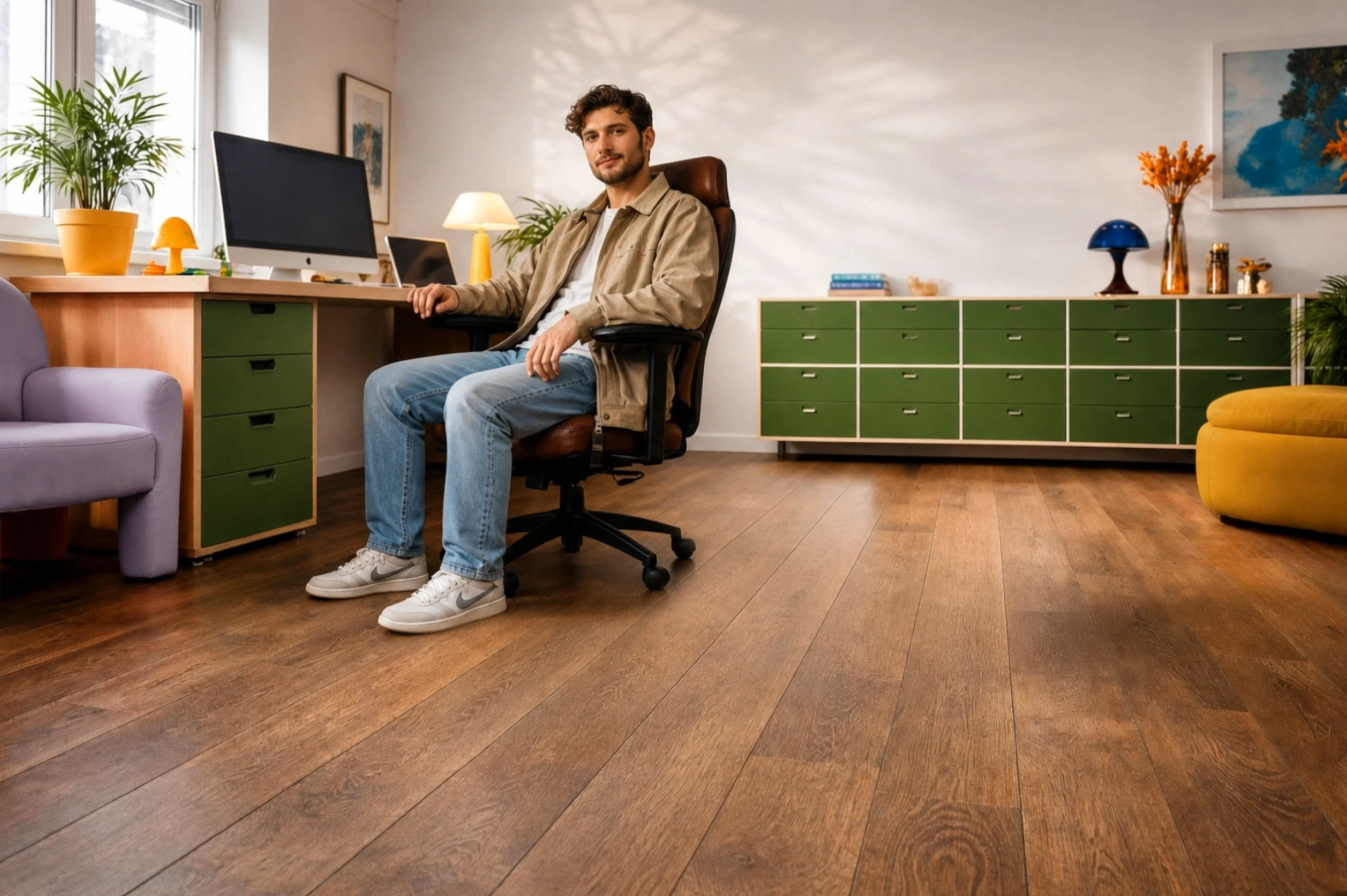 A man sitting in his office chair on a floor laid out with kiwi now panels